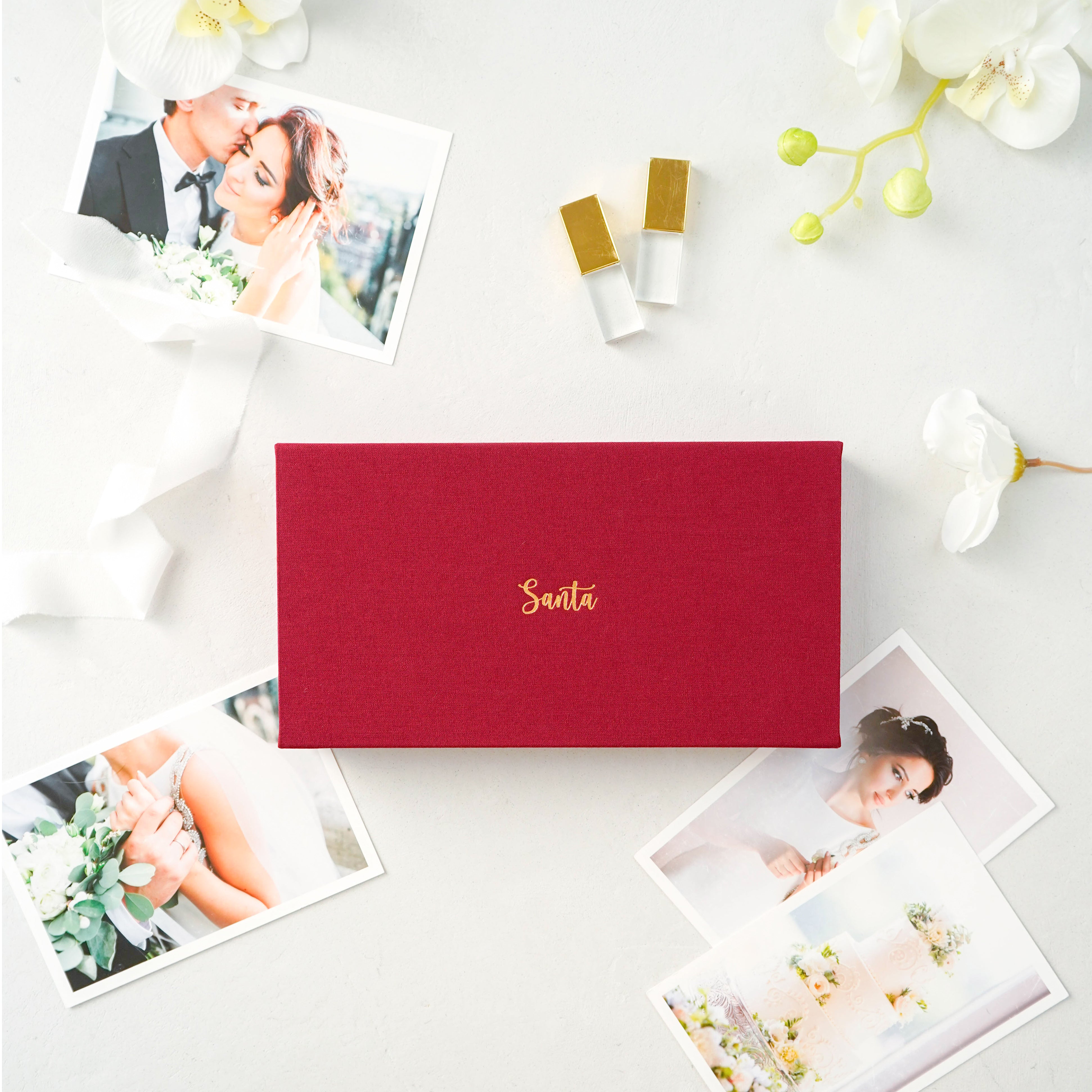 Linen Photo & USB Box - Burgundy