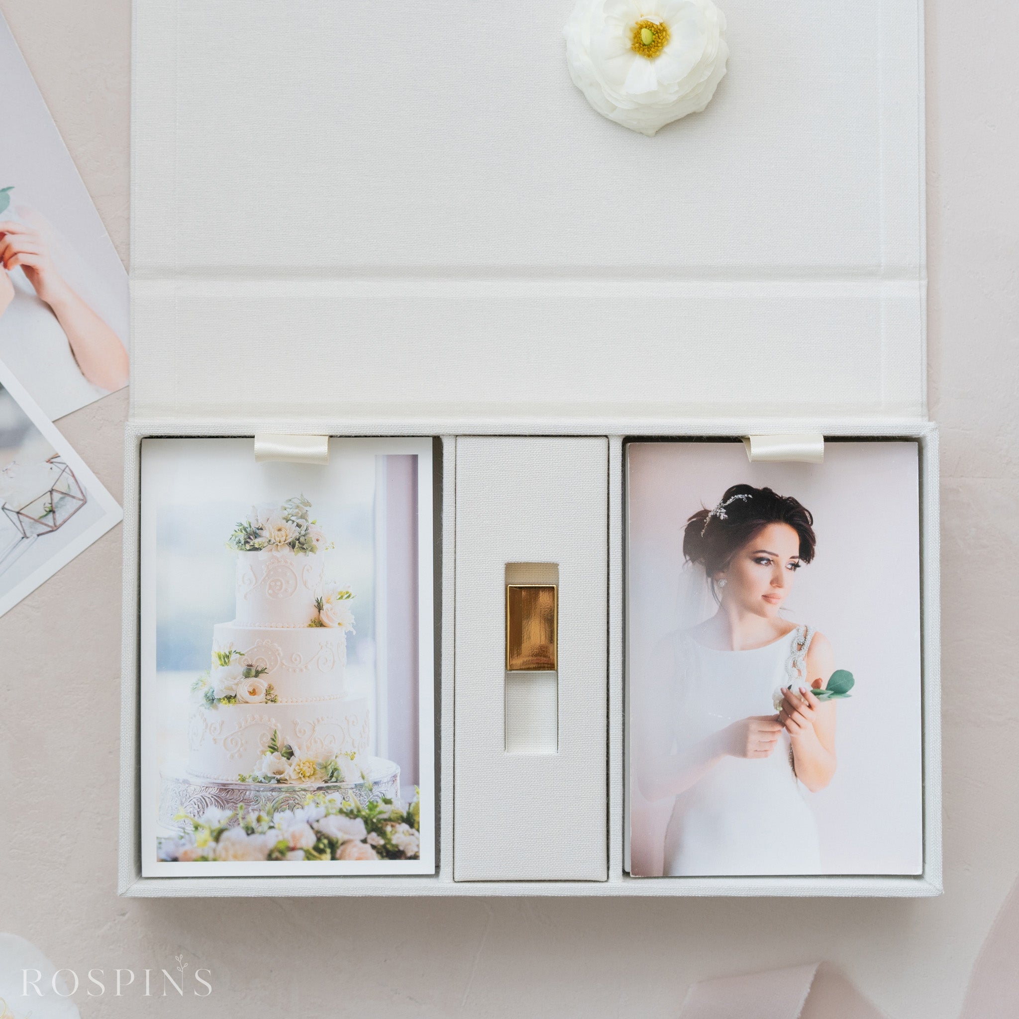 Linen Double Photo & USB Box - Creamy White