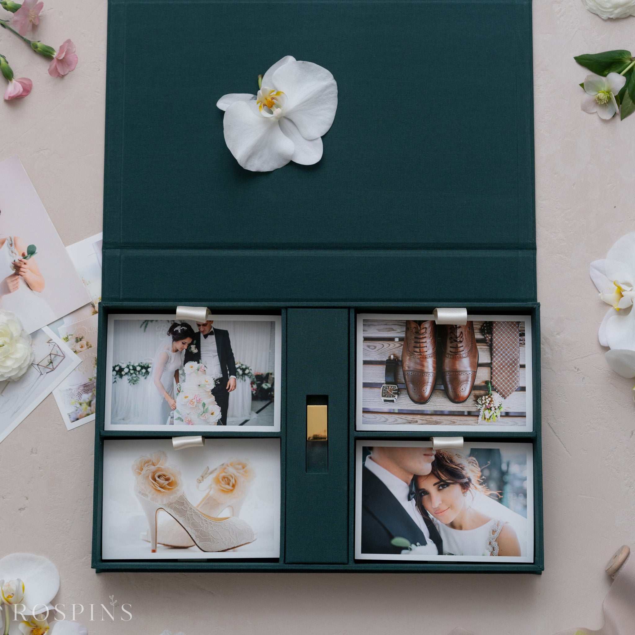 Linen Four-Compartment Photo & USB Box - Emerald Green