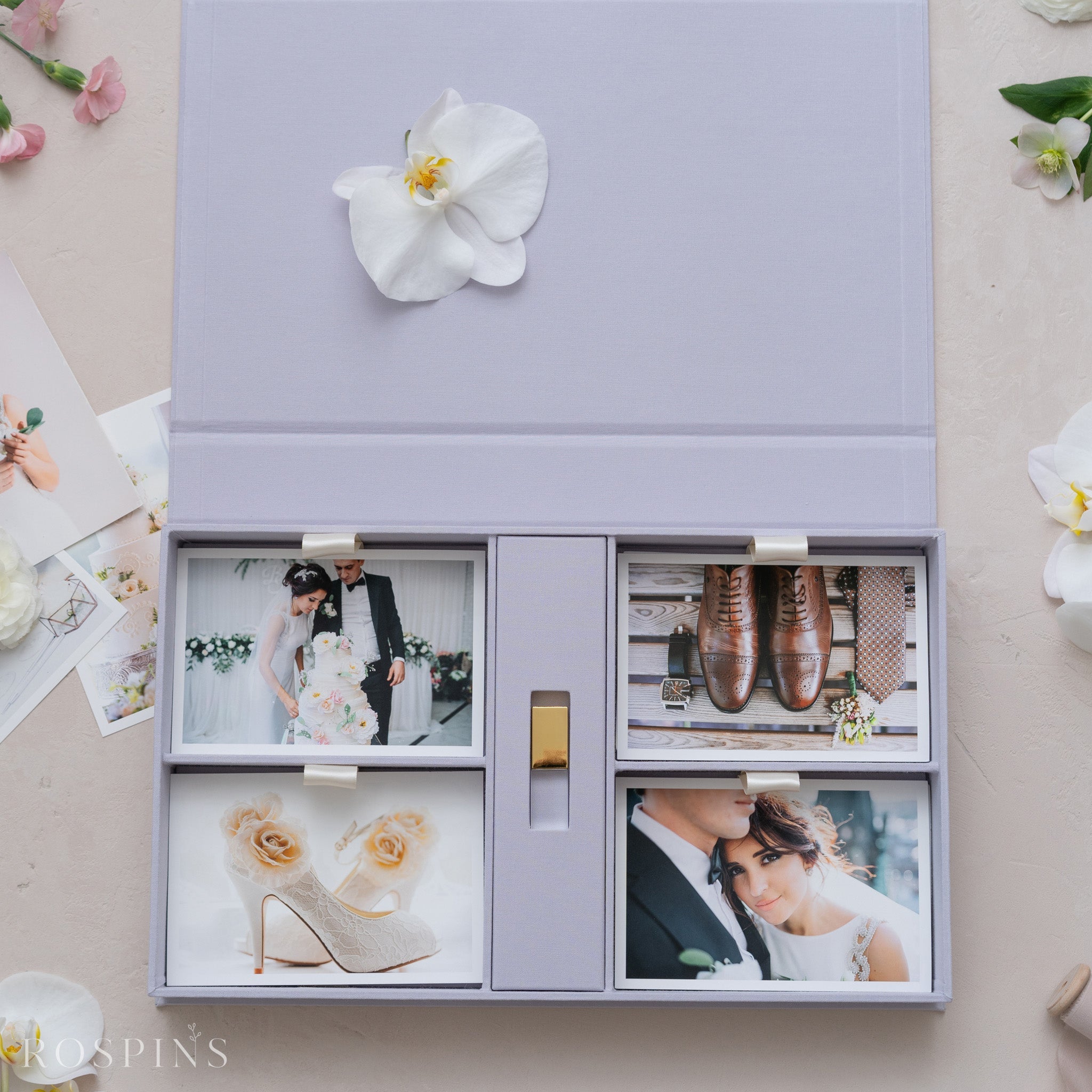Linen Four-Compartment Photo & USB Box - Pale Violet