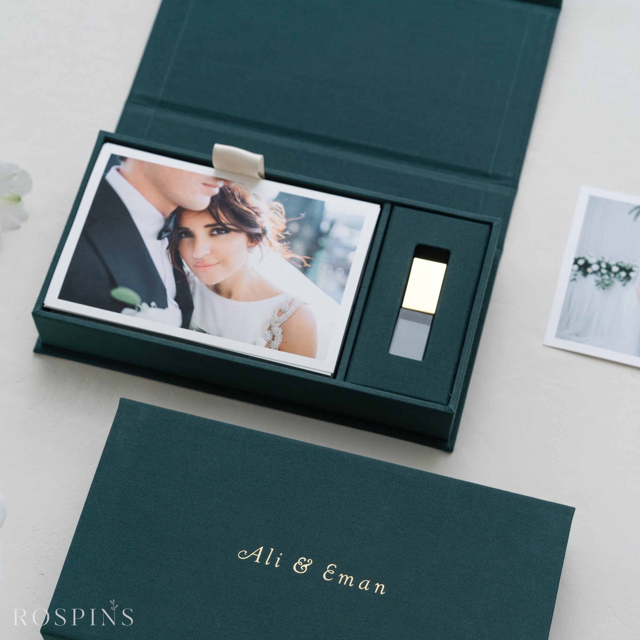 Linen Photo & USB Box - Emerald Green