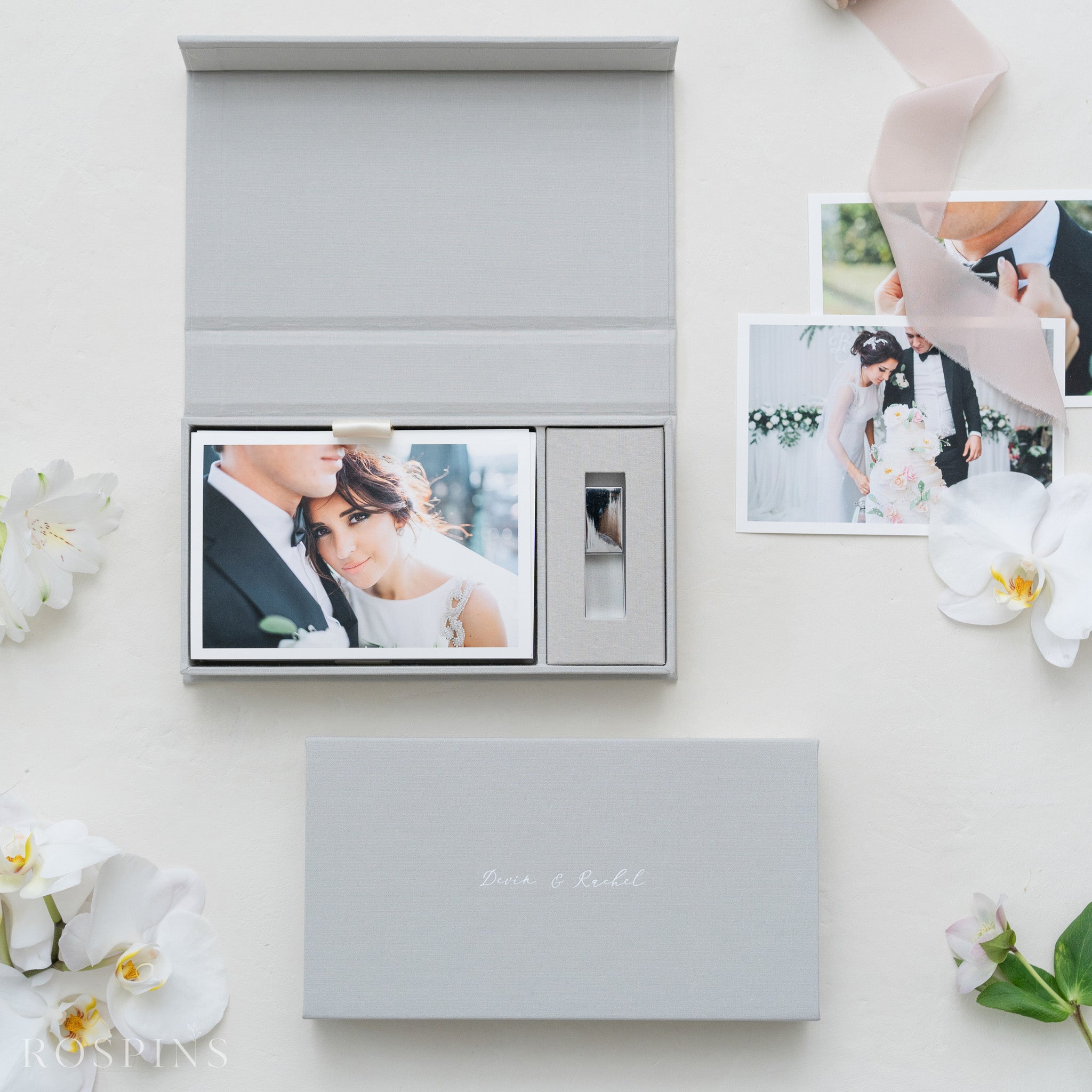 Linen Photo & USB Box - Light Grey